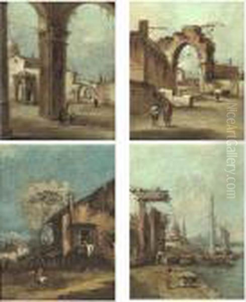 A Portico With A Church Beyond; A
 Ruined Arch; A Rustic Cottage; A Port Scene With Ruined Columns Oil Painting by Francesco Guardi