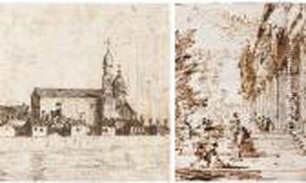 Recto
: Architectural Capriccio With Figures And Staircases Leading From The Garden To The Entrance Of A Villa Oil Painting by Francesco Guardi