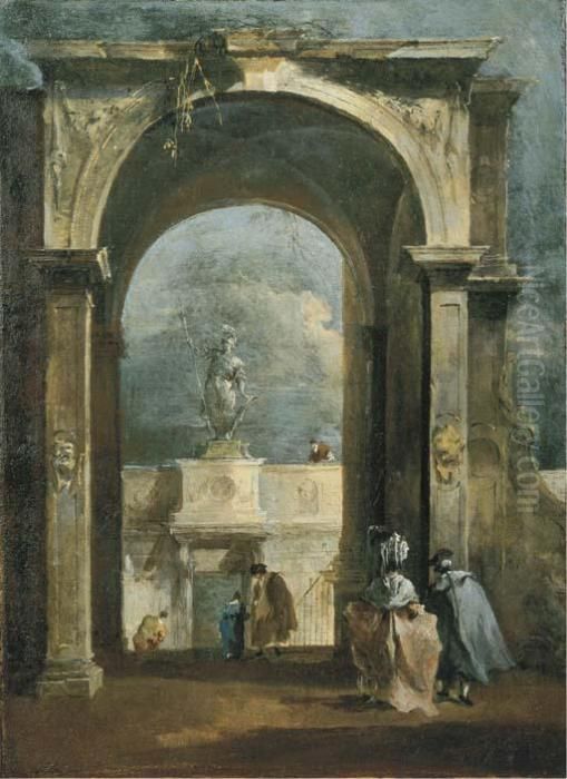 An Architectural Capriccio With 
Elegant Figures And A Classicalarch, A Statue Above A Portico In The 
Distance Oil Painting by Francesco Guardi
