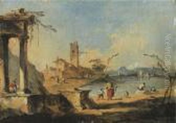 A Capriccio Of Ruins On The 
Venetian Laguna With Washerwomen And Other Figures, Mountains Beyond Oil Painting by Francesco Guardi