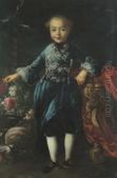Ritratto Di Fanciullo In Abito 
Di Velluto Azzurro E Pizzo Presso Un Vaso Di Fiori Ed Un Tavolo Con Un 
Drappo Rosso Oil Painting by Francesco Guardi