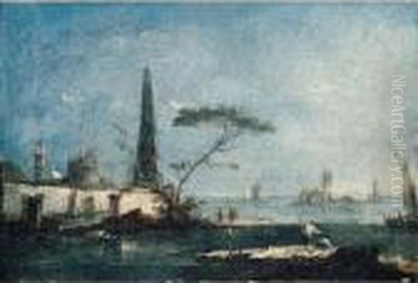 A Capriccio Of The Venetian 
Lagoon With An Obelisk, A Fortified Island, And Fishermen In The 
Foreground Oil Painting by Francesco Guardi