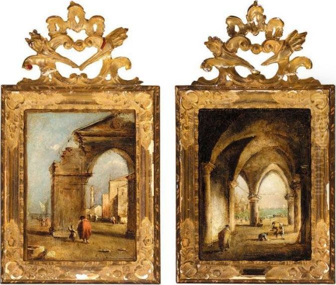 A Capriccio Scene With A Man In A Red Coat And A Child Before A Triumphal Arch Oil Painting by Francesco Guardi