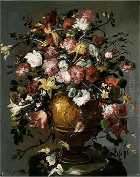 A Still Life Of Roses, 
Daffodils, Carnations, Narcissi And Tulips In A Gilt Urn, Upon A Stone 
Pedestal Oil Painting by Francesco Guardi