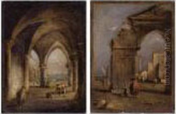 Capriccio Of A Ruined Arch With A
 Man In A Red Coat And Capriccio Of The Arcade Of The Doge's Palace: A 
Pair Of Paintings Oil Painting by Francesco Guardi