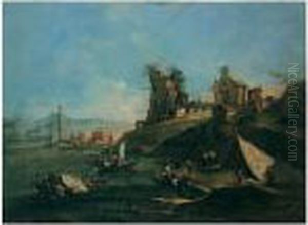A Coastal Capriccio With Fishing
 Boats At Anchor In A Bay Before A Headland With A Ruined Tower, A 
Mountain Range Beyond Oil Painting by Francesco Guardi