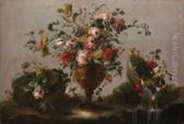 Parrot Tulips, Roses And Other 
Flowers In An Urn, Flowers In A Bowlwith Water Spilling Out And A Bunch 
Of Flowers On A Rockybank Oil Painting by Francesco Guardi