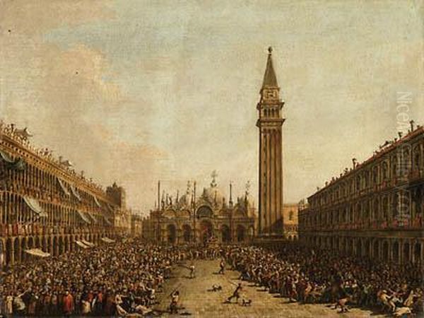 The Piazza San Marco, Venice, On
 The Doge's Coronation Day, Withthe Doge And The Admiral Of The Arsenal 
Being Carried On Thepozzetto, Bearing The Banner Of St. Mark, 
Distributing Money To Thepeople Oil Painting by Francesco Guardi