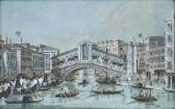 Vue Du Pont Du Rialto Et Vue De La Salute Et De La Dogana Damar, Venise Oil Painting by Giacomo Guardi