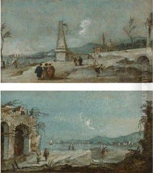 A Capriccio With A Ruined Arch And Figures; A Capriccio With Anobelisk And Figures Oil Painting by Giacomo Guardi