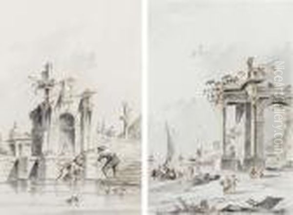 A Ruined Building Over A Canal 
With Two Figures; And An Imaginary View Of The Venetian Lagoon With An 
Arch, Figures In The Foreground Oil Painting by Giacomo Guardi