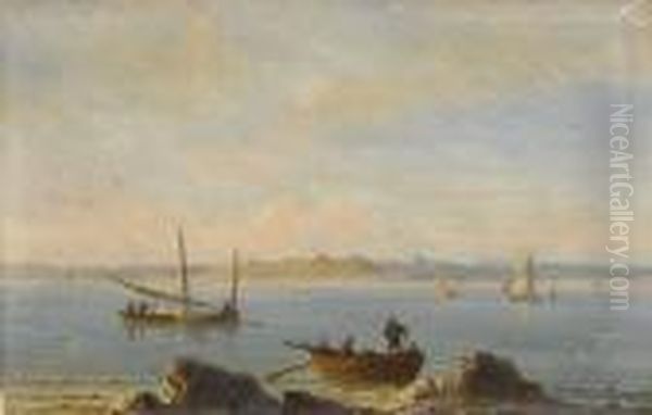 Kustenlandschaft Mit Booten Und Figurenstaffage Oil Painting by Herminie Gudin