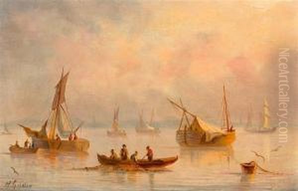 Fischerboote Auf Dem Meer. Oil Painting by Herminie Gudin