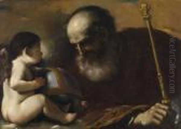 God The Father With A Winged Angel Supporting A Globe Oil Painting by Giovanni Francesco Barbieri