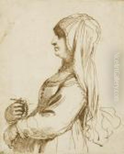 Portrait Of A Lady, Holding A Rosary, In Profile To The Left Oil Painting by Giovanni Francesco Barbieri