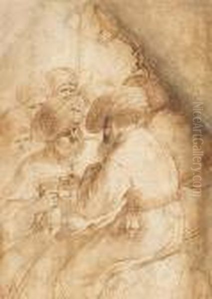 Unidentified Subject Of 
Orientals, Three Ofthem Seated And Wearing Turbans, One Of Them Handling
 A Bag Ofmoney To Another Oil Painting by Giovanni Francesco Barbieri