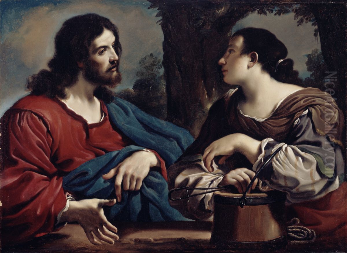Christ And The Woman Of Samaria Oil Painting by Giovanni Francesco Barbieri
