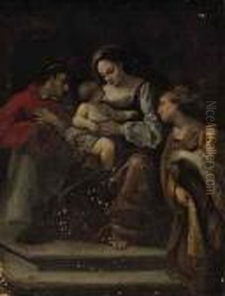 The Madonna And Child With Saints Charles Borromeo Andcatherine Oil Painting by Giovanni Francesco Barbieri