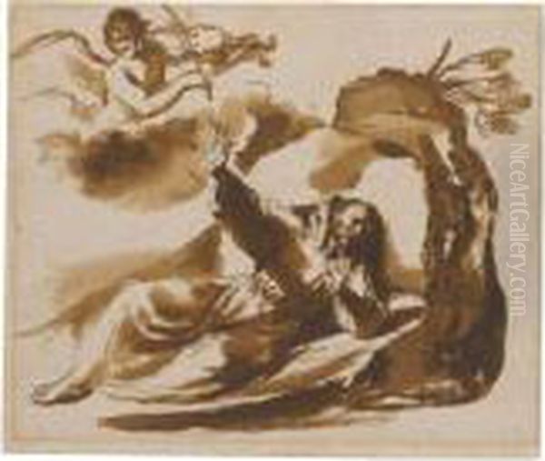 St Francis And An Angel Playing A Violin Oil Painting by Giovanni Francesco Barbieri