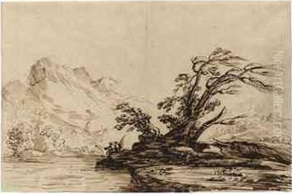 A River Landscape With A Fisherman Oil Painting by Giovanni Francesco Barbieri