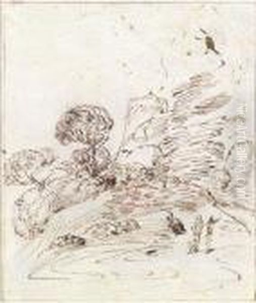 Landschaft Mit Zwei Wanderern Und Einer Festung Im Hintergrund Oil Painting by Giovanni Francesco Barbieri