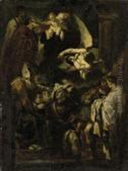 Saint William Of Aquitaine Receiving The Cowl From Saintbenedict Oil Painting by Giovanni Francesco Barbieri