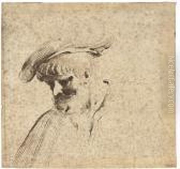 Head Of A Bearded Man Wearing A Beretta Oil Painting by Giovanni Francesco Barbieri