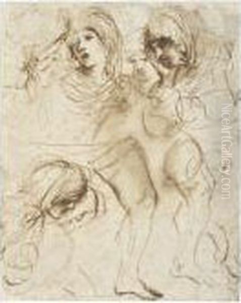 Sheet Of Studies Of The Heads Of Girls And Of Legs Oil Painting by Giovanni Francesco Barbieri