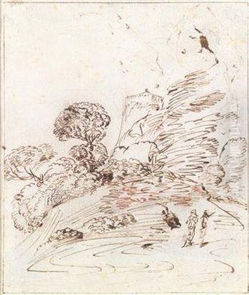 Landschaft Mit Zweiwanderern Und Einer Festung Im Hintergrund Oil Painting by Giovanni Francesco Barbieri