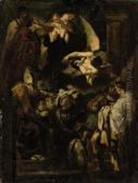 Saint William Of Aquitaine Receiving The Cowl From Saint Benedict Oil Painting by Giovanni Francesco Barbieri