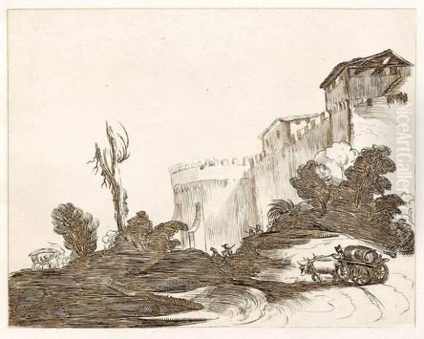 Paysage Anime De Voyageurs Pres D'un Chateau. Oil Painting by Giovanni Francesco Barbieri