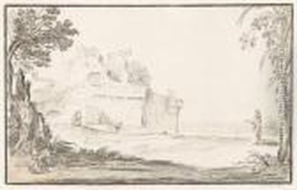 Paysage Anime Pres D'un Chateau En Ruines. Oil Painting by Giovanni Francesco Barbieri