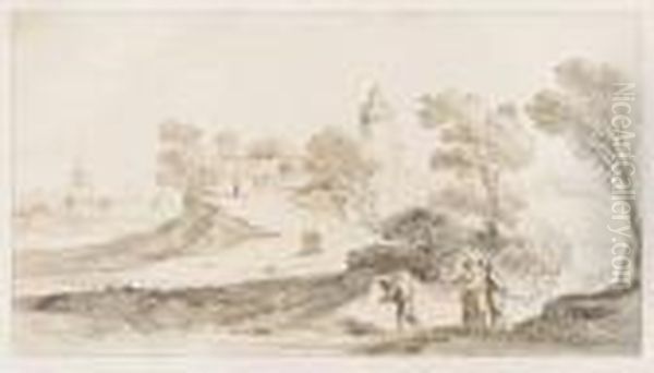 Paysage Anime Avec Un Chemin Montant Vers Un Chateau. Oil Painting by Giovanni Francesco Barbieri