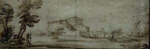 Figure By Woodland With A Ruin And A Moored Vessel Beyond Oil Painting by Giovanni Francesco Barbieri