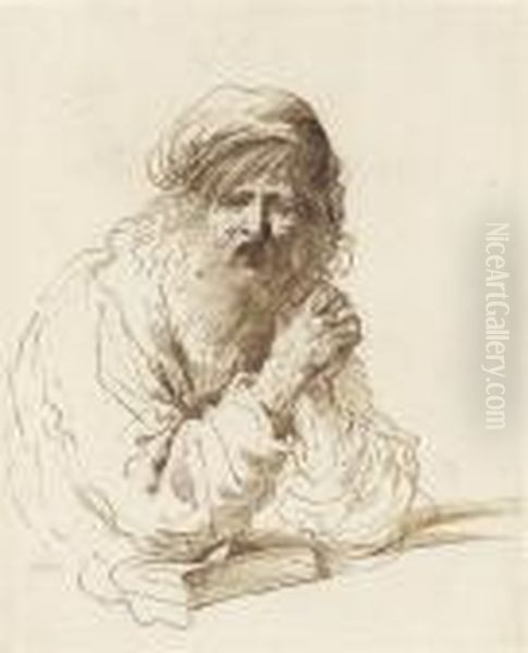 Half-length Study Of A Bearded Man In A Cap, Seated With His Elbow Resting On A Book Oil Painting by Giovanni Francesco Barbieri