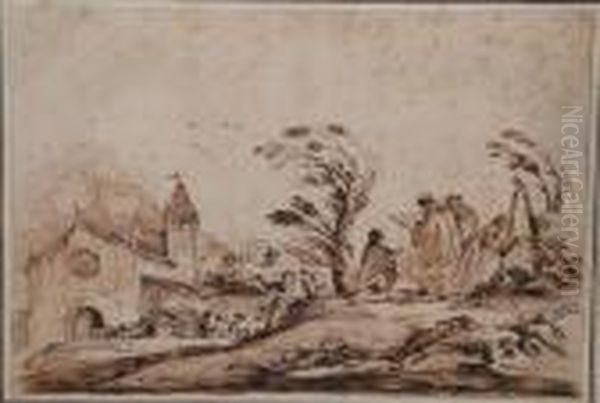 Landscape Funeral Precession Oil Painting by Giovanni Francesco Barbieri