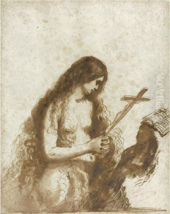 The Penitent Magdalen, Holding A Cross And Reading Oil Painting by Giovanni Francesco Barbieri