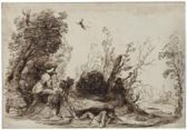 Two Men Digging A Grave By A Clump Of Trees Oil Painting by Giovanni Francesco Barbieri