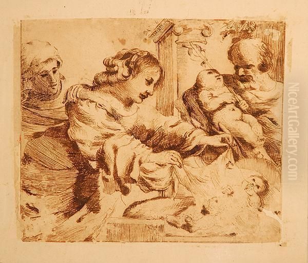 Sacra Famiglia Con San Giovannino Battista E Sant'elisabetta Oil Painting by Giovanni Francesco Barbieri