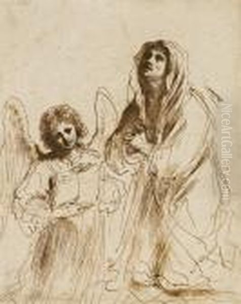 Saint Francesca Romana At Prayer, An Angel Holding A Book At Herside Oil Painting by Giovanni Francesco Barbieri