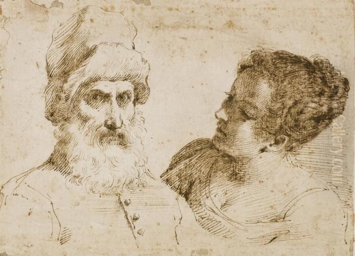 A Bearded Man, Half-length, Wearing A Hat, And A Young Woman Oil Painting by Giovanni Francesco Barbieri