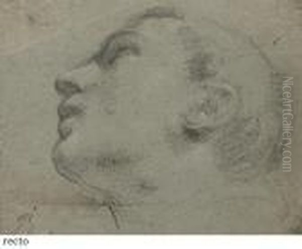 Head Of A Man Looking Up To The Left (recto); Study Of A Foot(verso) Oil Painting by Giovanni Francesco Barbieri