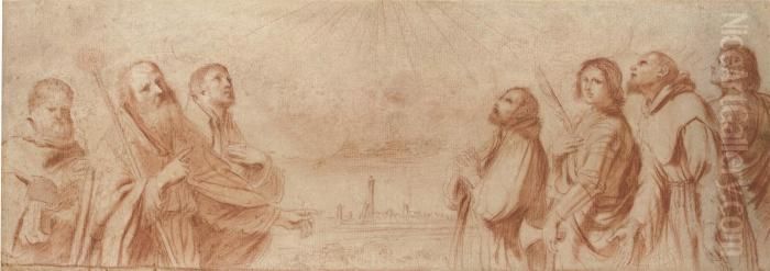 The Patron Saints Of Bologna: 
Benedict, Petronius, Ignatius Loyola,francis Xavier, Proculus, Francis 
Of Assisi And George, A View Ofbologna Beyond Oil Painting by Giovanni Francesco Barbieri