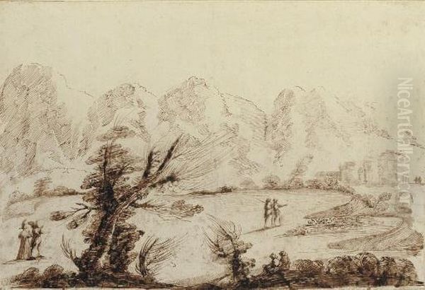 An Extensive Landscape With Figures Promenading By A River, A Village Seen Beyond Oil Painting by Giovanni Francesco Barbieri