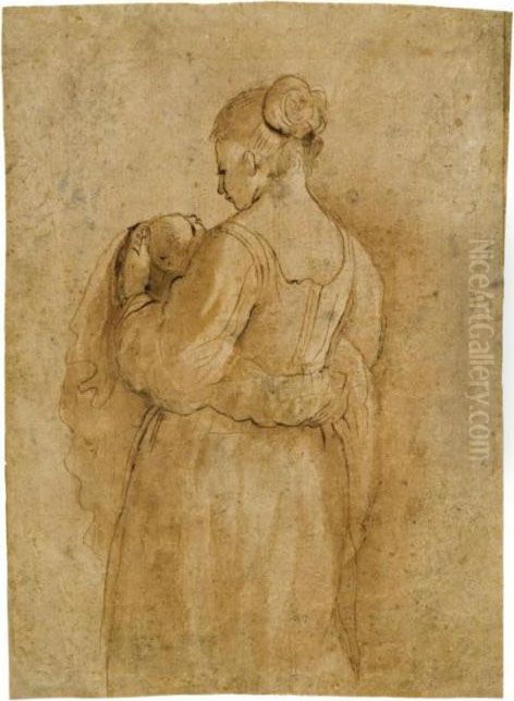 Ritratto Di Donna Con Bambino Vista Da Tergo Oil Painting by Giovanni Francesco Barbieri