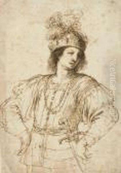 A Young Man With A Sword In Elaborate Dress, His Hands On His Hips Oil Painting by Giovanni Francesco Barbieri