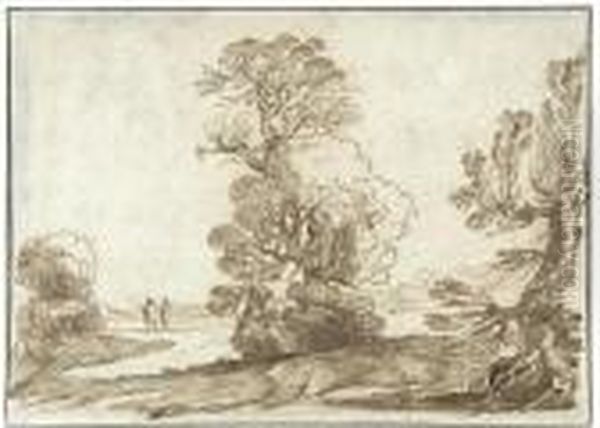 Weite Landschaft Mit Zwei Reisenden Auf Einem Breiten Weg. Oil Painting by Giovanni Francesco Barbieri