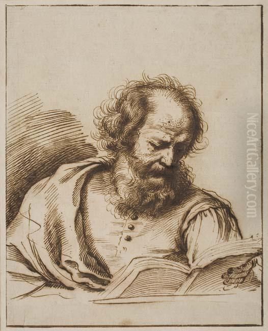 Study Of A Man Reading Oil Painting by Giovanni Francesco Barbieri