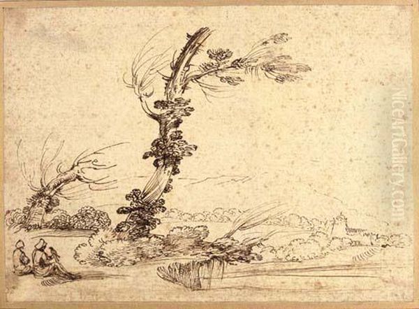 A Landscape With Falconers By A Tree Oil Painting by Giovanni Francesco Barbieri
