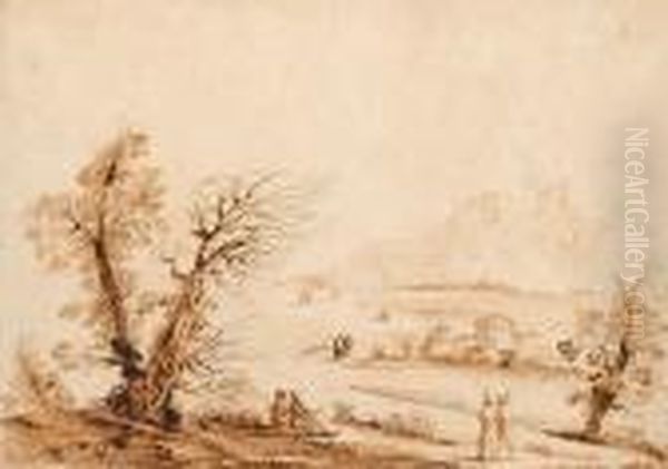 An Italiante Landscape With An 
Elegant Couple Walking Along The Banks Of A River; And An Italianate 
Landscape With Travellers On A Country Path. Oil Painting by Giovanni Francesco Barbieri